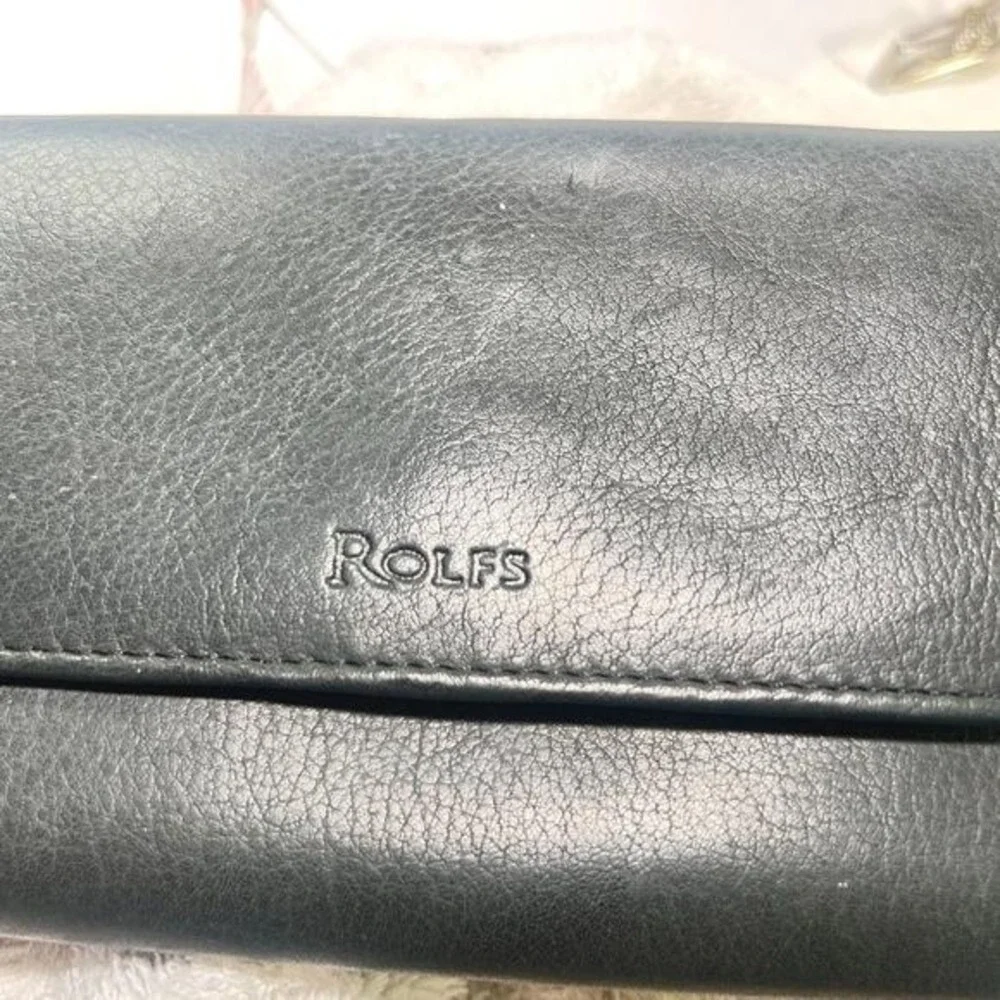 Vintage Rolfs‎ Black Leather Checkbook Wallet Card Slots Coin Pocket Pen Holder